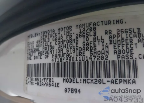 2001 Toyota Avalon Xl from USA, damaged, VIN 4T1BF28B11U147202